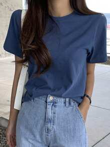 DAZY Áo thun trơn cổ tròn thường ngày mùa hè - Màu xanh lam - Xem 2