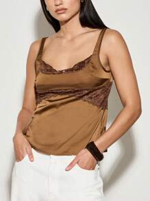 AiiRZ Elegant Satin Camisole With Delicate Lace Trim Detail Evening Cami Top Luxurious Lounge Wear Tank Dressy Sleeveless Blouse For Special Occasions