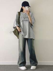 DAZY Letter Graphic Drop Shoulder Tee Oversized T-Shirt Streetwear - Grey - View 6