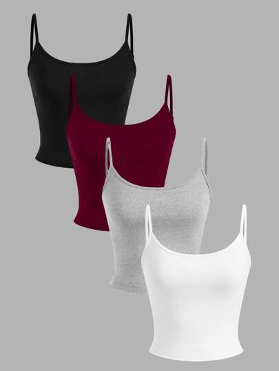 SHEIN EZwear 4pcs Women Tight-Fitting Cropped Casual Camisole Tank Tops, Suitable For Summer Back To School
