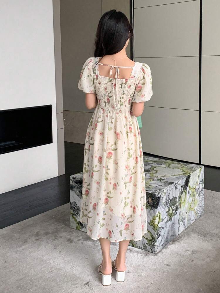 Women Summer Floral Printed A-Line Dress With Square Neckline And Gathered Waist,Milkmaid Dress Sundress Vacation Outfits Women Maxi Dress Boho