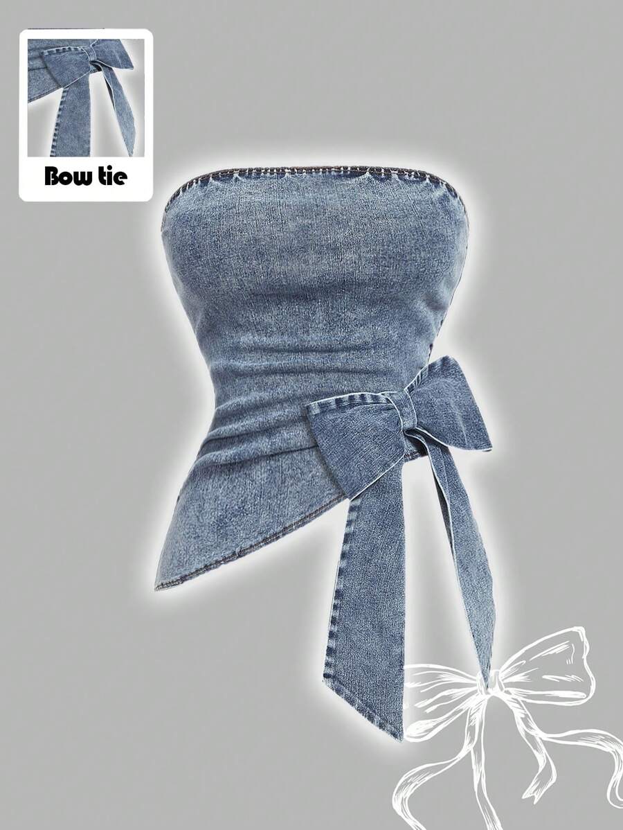 SHEIN MOD 加大码蓝色牛仔上衣紧身弹力抹胸蝴蝶结夏季上衣辣妹甜美辣味 - 淺色水洗藍 - 查看 1