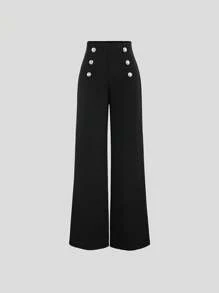 Sweetra 女士阔腿纽扣阔腿裤 - 黑色 - 查看 1