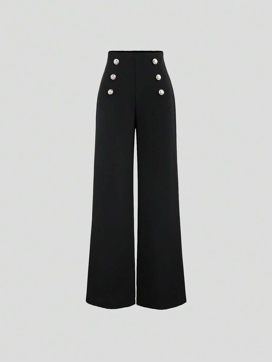 Sweetra 女士阔腿纽扣阔腿裤 - 黑色 - 查看 1