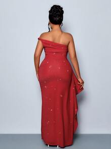 Maweii Plus Size Women's Fashionable And Elegant Asymmetrical Shoulder High Slit, Lotus Leaf Sparkling Long Dress, Suitable For Parties, Music Festivals, ,Other Gathering Places,Party,Spring Dress,Evening Dress,Wedding Women Dress - Red - View 2