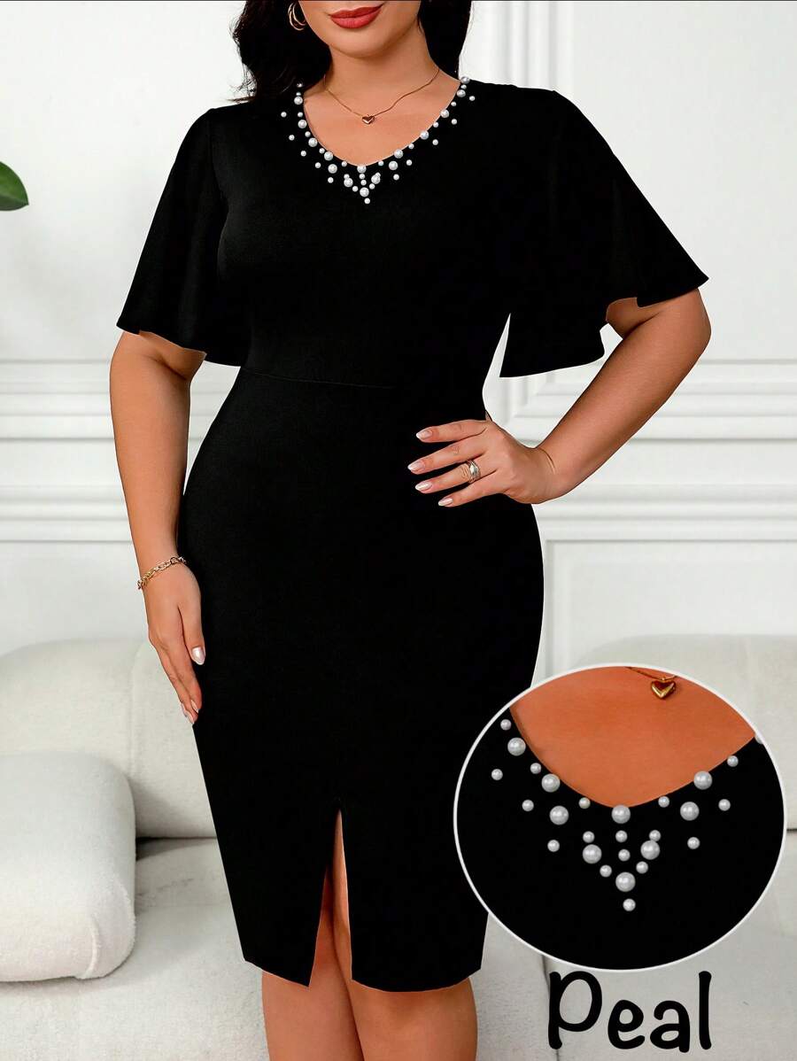 SHEIN Clasi Plus Size Solid Color Faux Pearl Decor Short Sleeve Minimalist Fashion Dress - Black - View 1