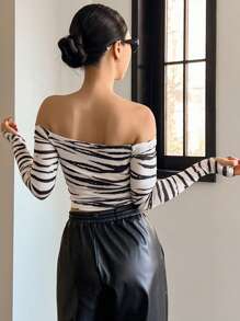 DAZY 女士斑马纹露肩修身百搭T恤黑白春夏长袖女上衣短款女上衣 - 黑與白 - 查看 2