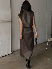 DAZY 女士秋冬 PU 皮革无袖背心和长开衩口袋裙两件套，时尚 - 鏽棕色 - 查看 6