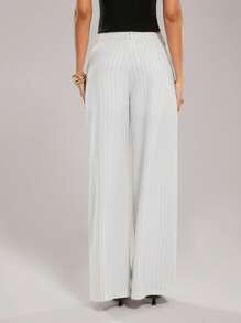 SHEIN Forever 21 Quần ống rộng kẻ sọc đen trắng mùa xuân mới cho nữ công sở/thường ngày - trắng - Xem 2