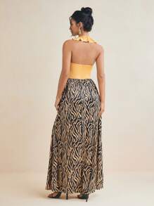 ODELIAR Designer Ruffled Halter Neck Flared Maxi Dress, Concert Outfit, Rave, Prom Dress - Yellow - View 2