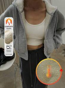 DAZY 女士保暖修身连帽卫衣，秋冬季保暖拉链外套 - 灰色 - 查看 8