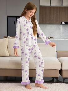 SHEIN Tween Girl Tulip Print 2 Pieces Lounge Set With Long Sleeve Top And Pants, Minimalist Design, Purple