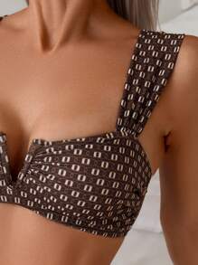 Swim Chiccia 女士优雅复古图案印花性感小 V 领宽肩带高腰收腹比基尼套装，夏季 - 咖啡棕 - 查看 3