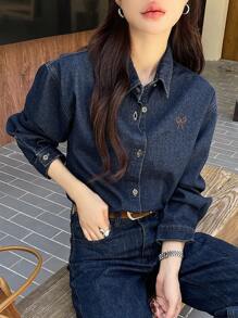 DAZY Women's Long Sleeve Casual Denim Top With Embroidered Bow Detail, Suitable For Autumn,Back To School Clothes,Jeans Jacket,Fall Women Clothes
