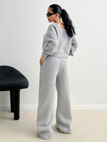 CasuGlow Women's Oblique Shoulder Sweatshirt And Contrast Waistband Drawstring Long Pants, Leopard Print And Star Patch Design, Casual Street Style 2 Piece Set Tracksuit - Grey - View 2