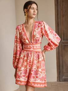 Anewsta 海滩、度假、节日、优雅女士 V 领灯笼袖蕾丝镂空设计收腰印花荷叶边下摆连衣裙 - 淺粉色 - 查看 5