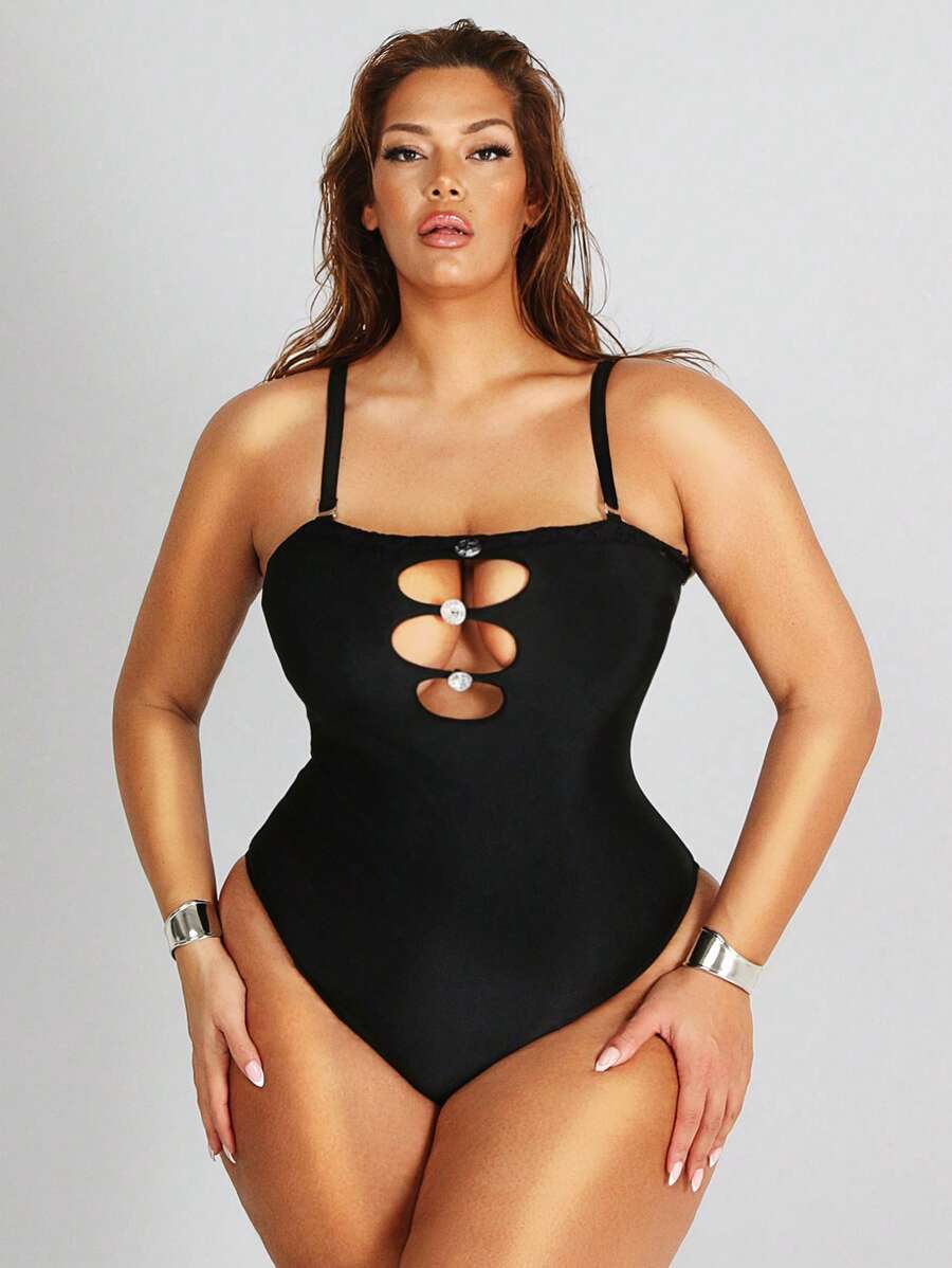 SHEIN Swim SXY Plus Size Solid Color Hollow-Out One-Piece Swimsuit, Vacation Beach - Black - View 1