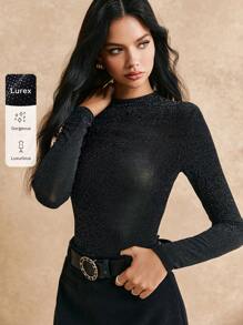 Poéselle Camiseta con cuello alto glitter, artículo de fiesta, camiseta ajustada de fondo - Plateado - Ver 1