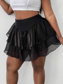 Maweii Falda corta de mujer talla grande de unicolor con parches de malla y volantes en el bajo