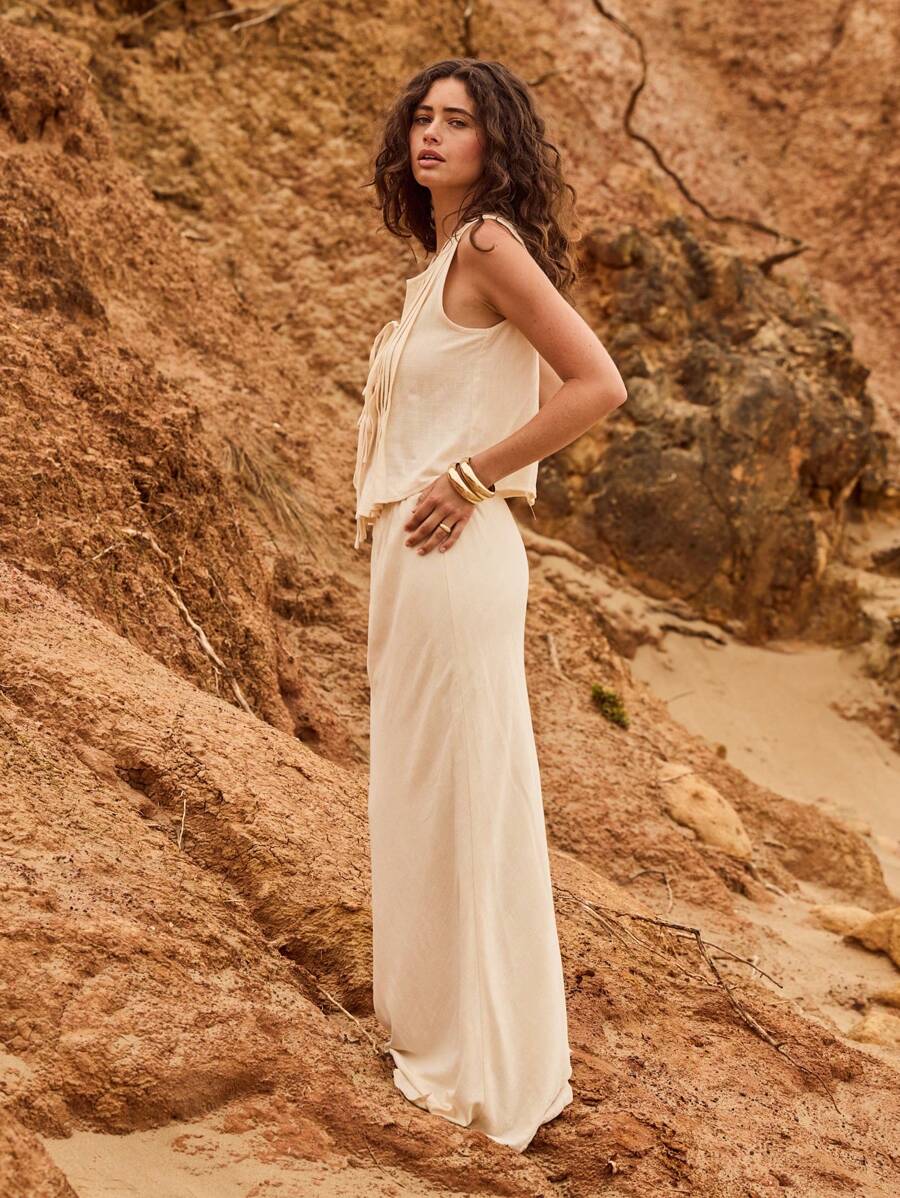 Aralina 无袖夏季度假褶裥前系带沙滩上衣 - 黃色 - 查看 1