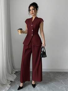 Siren Gaze 2 Pieces Autumn New Fashion Suit Set: Asymmetric Metal Button Decorated Long Vest Jacket And Wide Leg Trousers, Casual Business Wear Suit Office Wear Women Set Christmas Red Burgundy Valentine's Day - Burgundy - View 1
