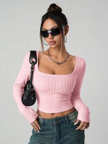 SHEIN ICON Women's Plain Long Sleeve Minimalist Ribbed Casual Y2K Square Neck Holiday Snow Women Beige Comfy Top, Daily Wear - Pink - View 6