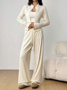 SHEIN EZwear 女士修身拉链夹克和裤子套装，纯色长袖休闲 - 杏色 - 查看 6