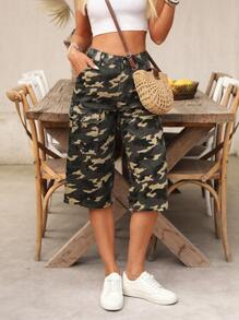 SHEIN LUNE 女士度假休闲迷彩印花工装牛仔裤 - 軍綠色 - 查看 1