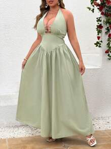 SHEIN LUNE Plus Size Cinched Waist Green V-Neck Vacation Dress - Green - View 1