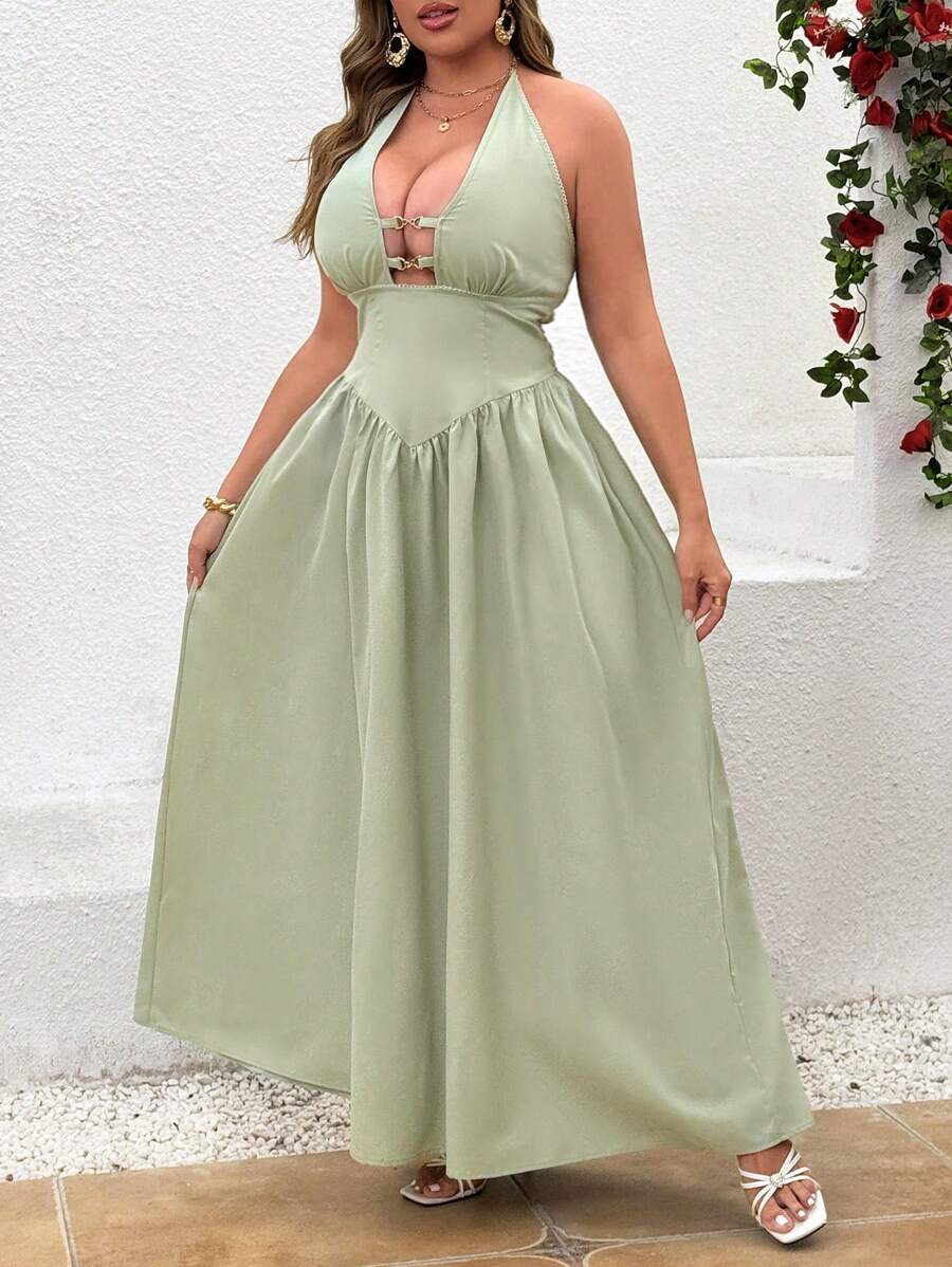 SHEIN LUNE Plus Size Cinched Waist Green V-Neck Vacation Dress - Green - View 1