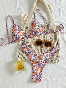 Swim Vcay 2 件套 Springbreak 女式夏季随机颜色印花细肩带上衣和高腰比基尼泳裤泳装套装 - 彩色 - 查看 1