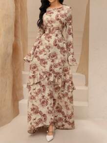 Graceveil Women's Ruffle Long Sleeve Cinched Waist Waist A-Line Retro Romantic Dress,Modest - Multicolor - View 2