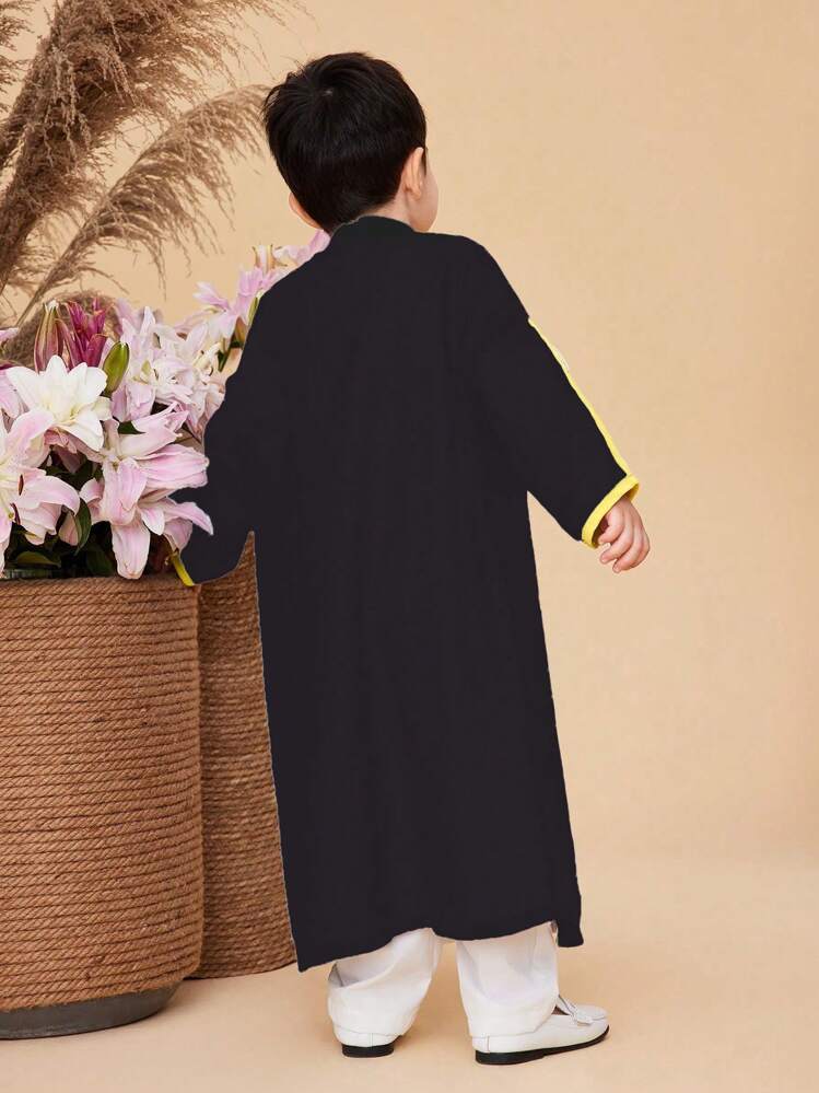 2pcs Young Boy Contrast Webbing Long Sleeve Robe And Long Length Shirt Set - Multicolor - View 2