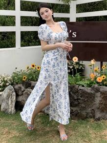 DAZY Blue & White Porcelain Ditsy Floral Waist Cinched Split Hem Tea-Length Dress For Women Summer,Milkmaid Dress Sundress Vacation Outfits Women - Blue - View 11