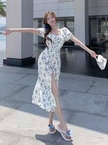 DAZY Blue & White Porcelain Ditsy Floral Waist Cinched Split Hem Tea-Length Dress For Women Summer,Milkmaid Dress Sundress Vacation Outfits Women - Blue - View 12