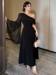 DAZY 女士优雅纯色不对称领口喇叭袖连衣裙优雅正式女士连衣裙 - 黑色 - 查看 5
