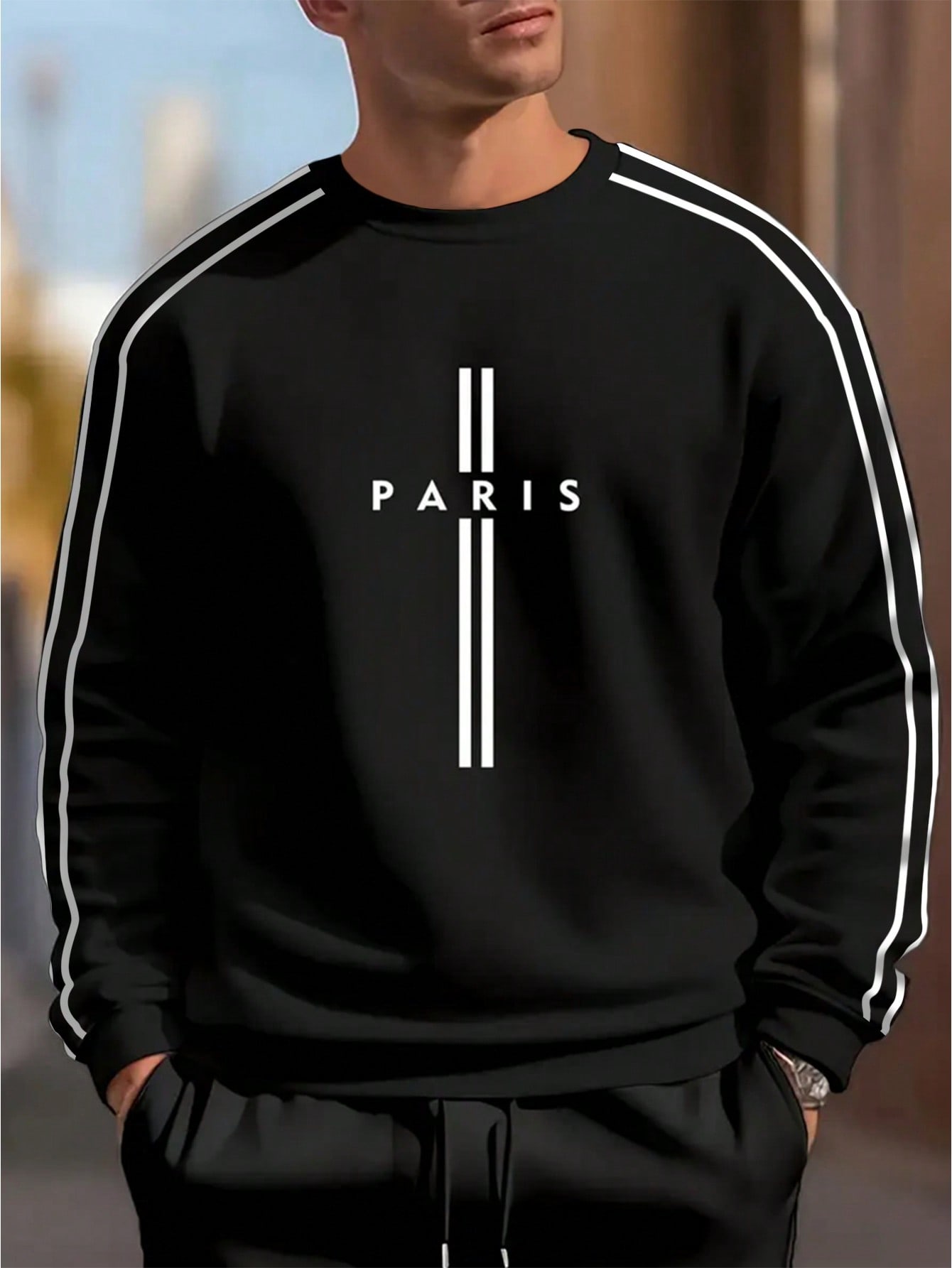 Manfinity Dauomo Men's Letter Striped Round Neck Long Sleeve Casual Pullover Sweatshirt