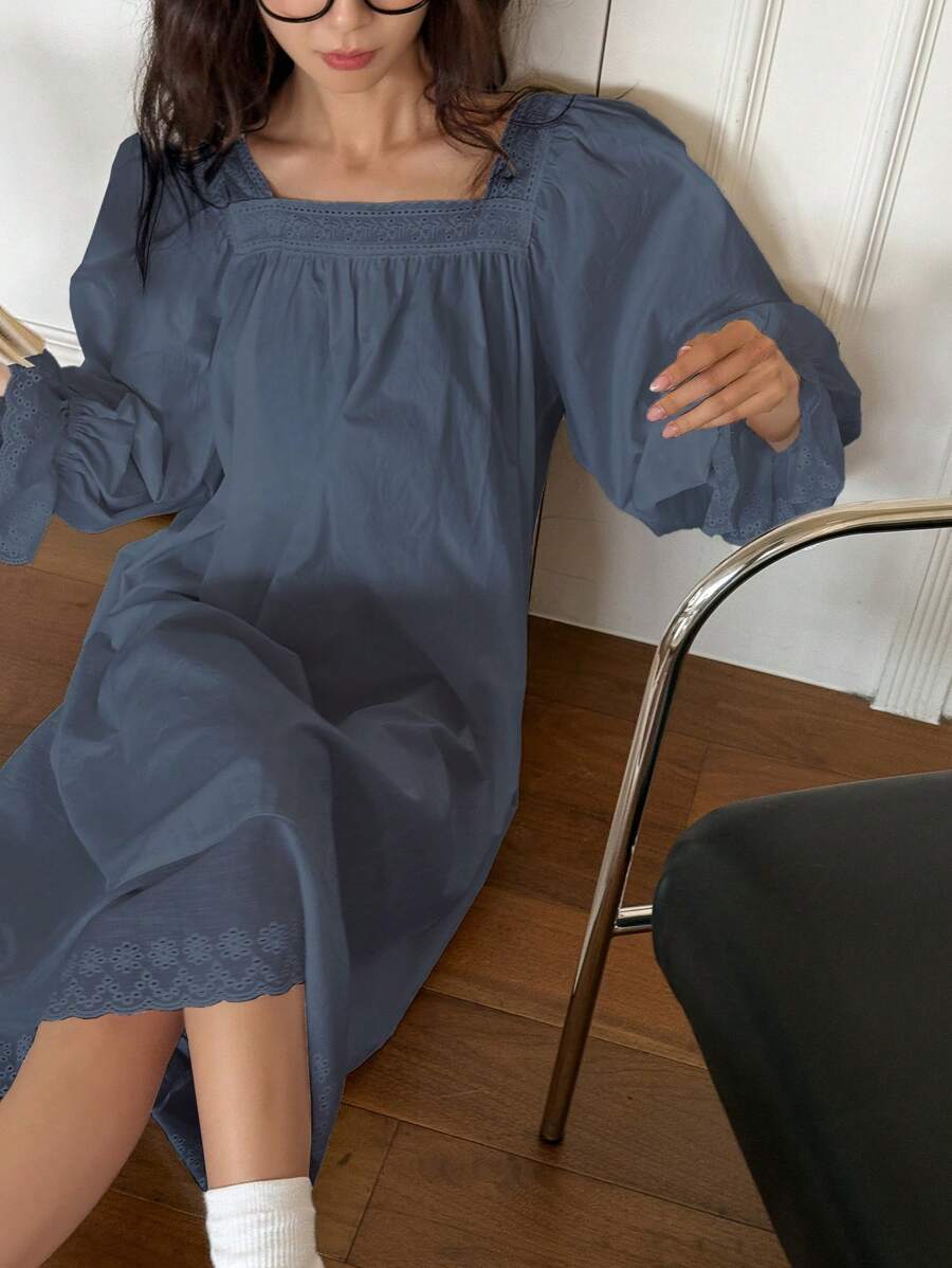 DAZY Spring Sweet Lace Collar Patchwork Ruffle Hem Nightgown Pajama - Navy Blue - View 1