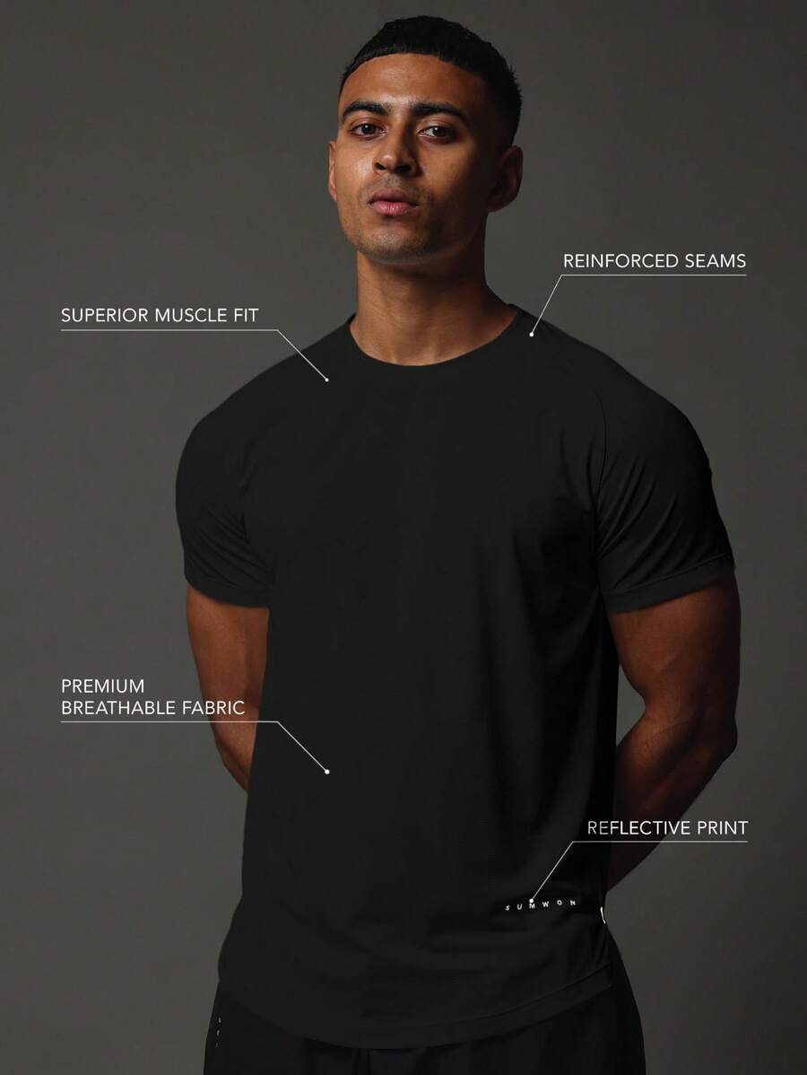 SUMWON Premium Athletic Performance Muscle Fit T-Shirt With Reflective Logo, Reinforced Seams, Breathable Compression Training Workout Gym Top Moisture Wicking - Black - View 1