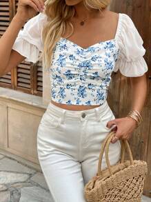 Chiquease French Romantic Off Shoulder Ditsy Floral Countryside Top/Blouse, Sexy & Unique For Spring/Summer - Blue - View 8