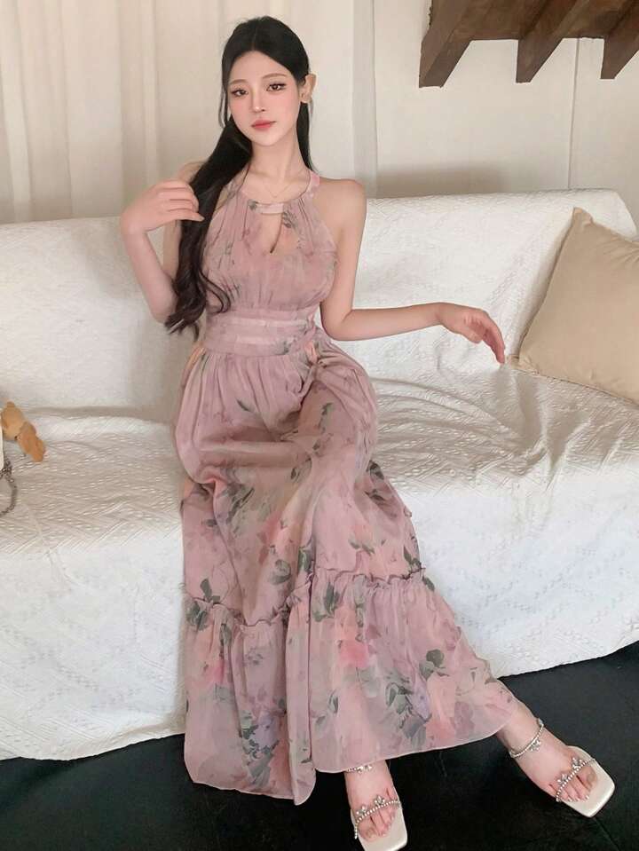 DAZY シフォン フローラルプリント ホルターネック ワンピース