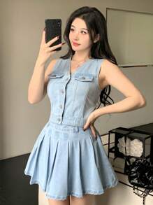 DAZY Casual Fitted Denim Crop Vest & Pleated Denim Skirt, 2 Pieces Set For Women Summer