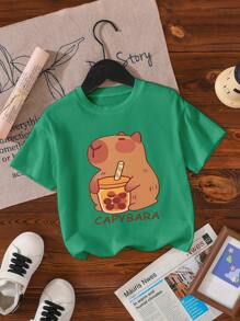 Young Girl Casual Stylish Comfy Simple Milk Tea & Letter Graphic Short Sleeve T-Shirt, Spring/Summer - Green - View 3