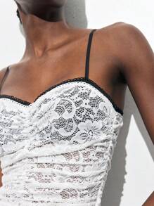 Maija Women's Elegant Sexy Contrasting Color Ruched Lace Camisole, Suitable For St. Patrick's Day, Spring Break, Easter, Music Festivals - White - View 3