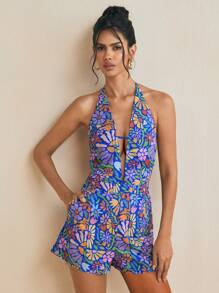 JIAN LASALA Monos azules para mujer estilo boho sin mangas con estampado floral, de espalda descubierta y nudo, para outfits de verano, vacaciones, salir, playa y ropa de verano para mujer en Europa