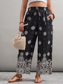SHEIN LUNE Pantalones anchos con bolsillos y cintura con nudo con estampado floral para mujer de talla grande, conjunto para vacaciones