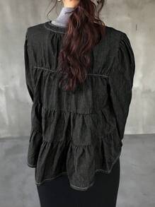 FRIFUL Blouse en jean à lacets décontractée pour femmes, manches longues à volants, printemps automne