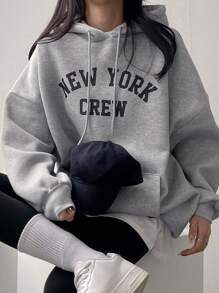 DAZY 字母图案落肩抽绳连帽衫，长袖上衣运动衫 - 灰色 - 查看 9