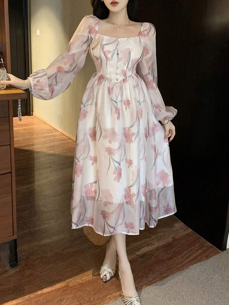 Women's Square Neck Ditsy Floral Short Sleeve Dress Valentine Valentine's Day,Fall Dress Long Sleeve Dress Vacation Outfits Women Easter