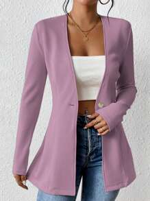 Chiquease Women's Solid Color Collarless Drawstring Waisted Casual Jacket, Long Sleeve